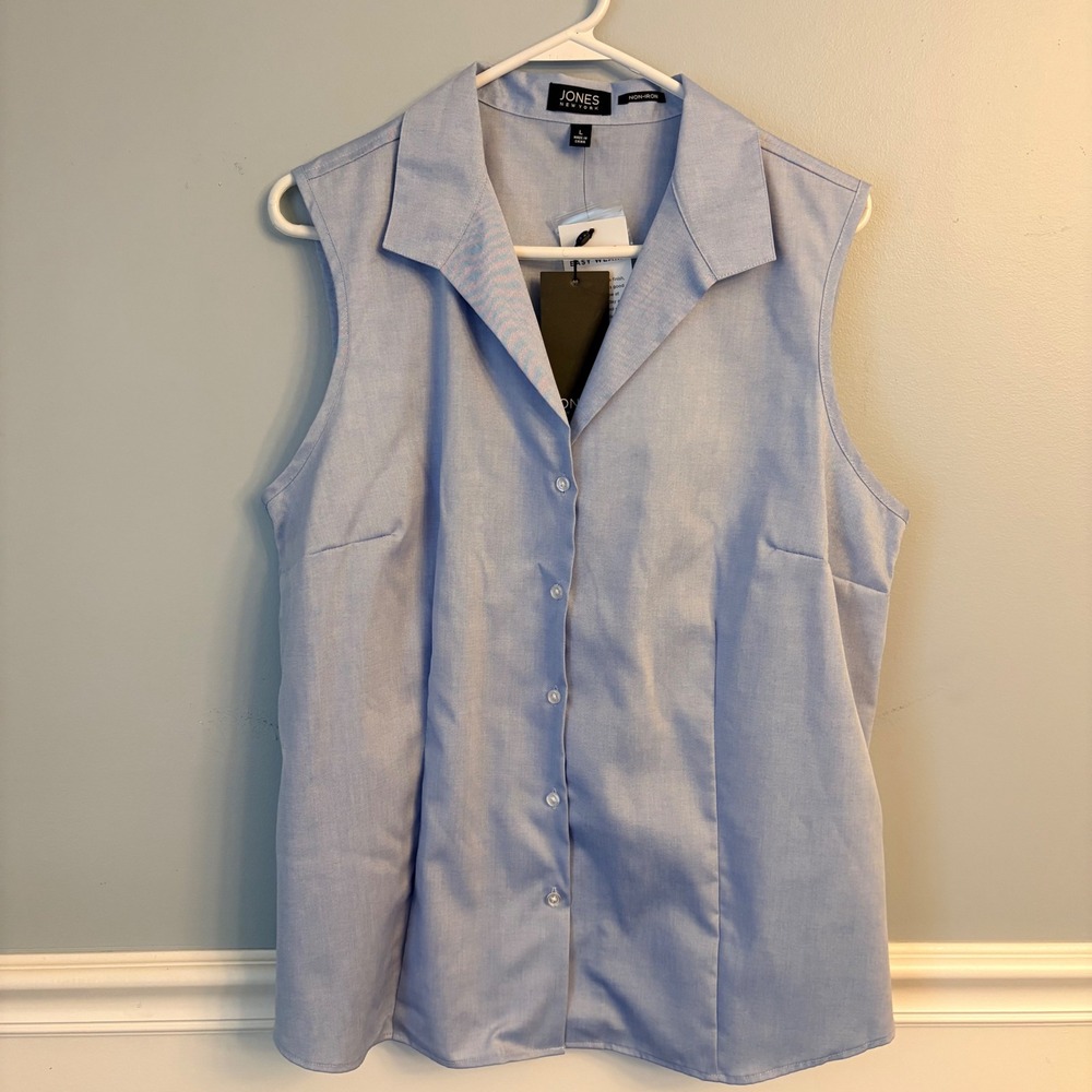 Jones New York Easy Care Sleeveless Non-Iron Shirt Light Blue Large Office NWT